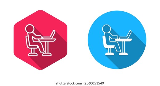 Filled and outline Freelancer icon isolated with long shadow background. Freelancer man working on laptop at his house. Online working, distant job concept.  Vector