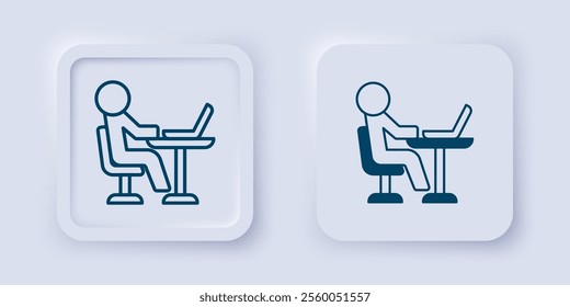 Filled and outline Freelancer icon isolated on grey background. Freelancer man working on laptop at his house. Online working, distant job concept. Square button. Vector