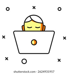 Filled outline Freelancer icon isolated on white background. Freelancer man working on laptop at his house. Online working, distant job concept. Flat filled outline style with shadow. Vector