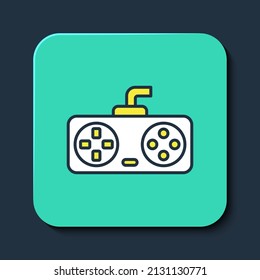 Filled outline Game controller or joystick for game console icon isolated on blue background. Turquoise square button. Vector
