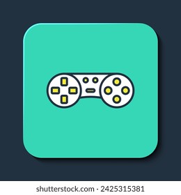 Filled outline Game controller or joystick for game console icon isolated on blue background. Turquoise square button. Vector