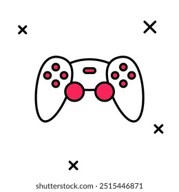 Filled outline Game controller or joystick for game console icon isolated on white background.  Vector