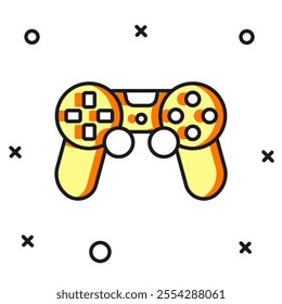 Filled outline Game controller or joystick for game console icon isolated on white background. Flat filled outline style with shadow. Vector