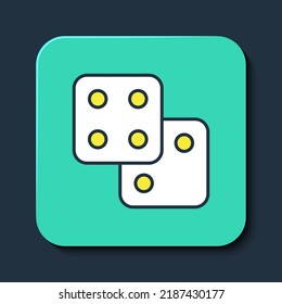 Filled outline Game dice icon isolated on blue background. Casino gambling. Turquoise square button. Vector