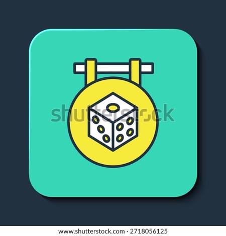 Filled outline Game dice icon isolated on blue background. Casino gambling. Turquoise square button. Vector