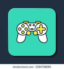 Filled outline Gamepad icon isolated on blue background. Game controller. Turquoise square button. Vector