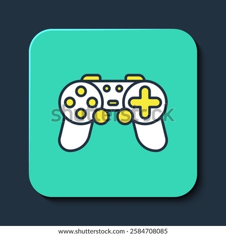 Filled outline Gamepad icon isolated on blue background. Game controller. Turquoise square button. Vector