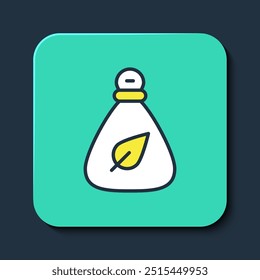 Esquema lleno icono de bolsa de basura aislado sobre fondo azul. Botón cuadrado turquesa. Vector