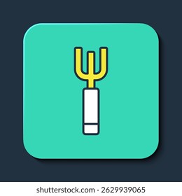 Filled outline Garden pitchfork icon isolated on blue background. Garden fork sign. Tool for horticulture, agriculture, farming. Turquoise square button. Vector