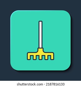 Filled outline Garden rake icon isolated on blue background. Tool for horticulture, agriculture, farming. Ground cultivator. Housekeeping equipment. Turquoise square button. Vector