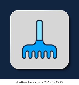 Filled outline Garden rake icon isolated on blue background. Tool for horticulture, agriculture, farming. Ground cultivator.  Vector