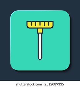 Filled outline Garden rake icon isolated on blue background. Tool for horticulture, agriculture, farming. Ground cultivator. Housekeeping equipment. Turquoise square button. Vector