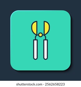 Filled outline Gardening handmade scissors for trimming icon isolated on blue background. Pruning shears with wooden handles. Turquoise square button. Vector