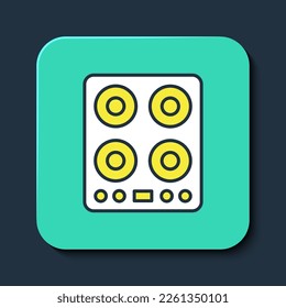 Filled outline Gas stove icon isolated on blue background. Cooktop sign. Hob with four circle burners. Turquoise square button. Vector