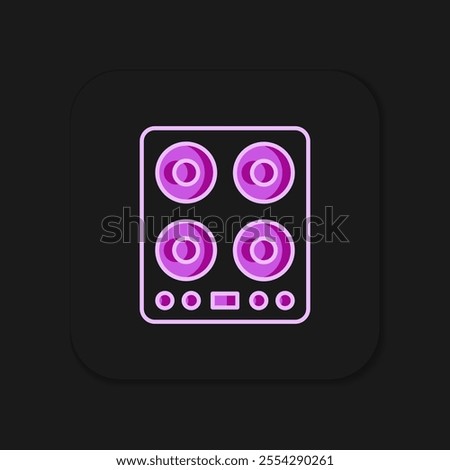 Filled outline Gas stove icon isolated on black background. Cooktop sign. Hob with four circle burners. Flat filled outline style with shadow. Vector