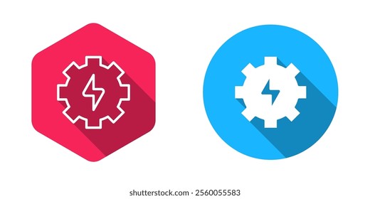 Filled and outline Gear and lightning icon isolated with long shadow background. Electric power. Lightning bolt sign.  Vector