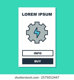 Filled outline Gear and lightning icon isolated on turquoise background. Electric power. Lightning bolt sign.  Vector