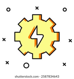 Filled outline Gear and lightning icon isolated on white background. Electric power. Lightning bolt sign. Flat filled outline style with shadow. Vector