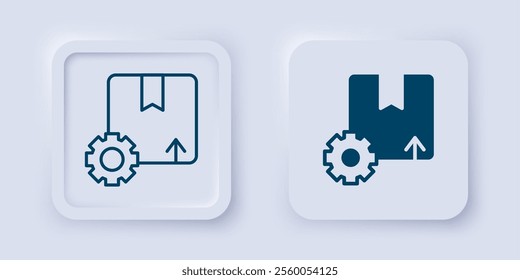 Filled and outline Gear wheel with package box icon isolated on grey background. Box, package, parcel sign. Delivery and packaging. Square button. Vector