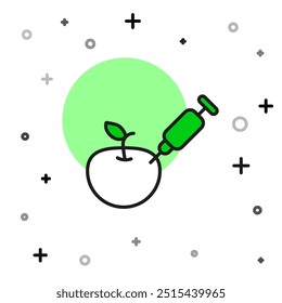 Filled outline Genetically modified apple icon isolated on white background. GMO fruit. Syringe being injected to apple.  Vector