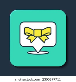 Filled outline Gift bow icon isolated on blue background. Turquoise square button. Vector