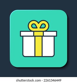 Filled outline Gift box icon isolated on blue background. Turquoise square button. Vector