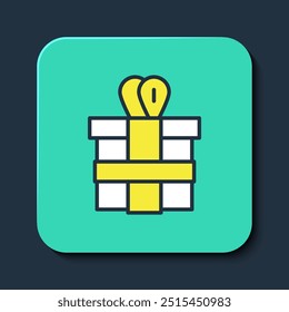 Filled outline Gift box icon isolated on blue background. Turquoise square button. Vector