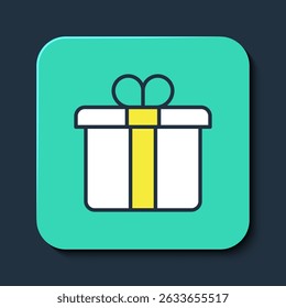 Filled outline Gift box icon isolated on blue background. Merry Christmas and Happy New Year. Turquoise square button. Vector