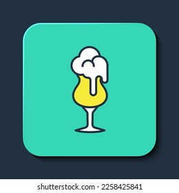 Filled outline Glass of beer icon isolated on blue background. Turquoise square button. Vector