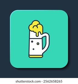 Filled outline Glass of beer icon isolated on blue background. Happy Saint Patricks day. National Irish holiday. Turquoise square button. Vector