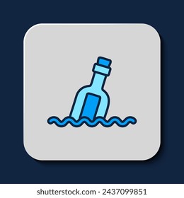 Filled outline Glass bottle with a message in water icon isolated on blue background. Letter in the bottle. Pirates symbol.  Vector