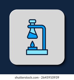 Filled outline Glass test tube flask on fire heater experiment icon isolated on blue background. Laboratory equipment.  Vector