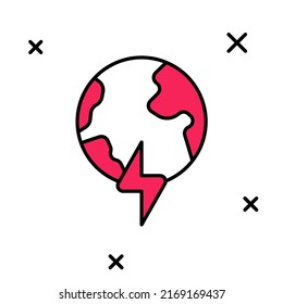 Filled outline Global energy power planet with flash thunderbolt icon isolated on white background. Ecology concept and environmental.  Vector