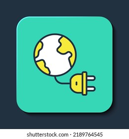 Filled outline Global energy power planet with plug icon isolated on blue background. Ecology concept and environmental. Turquoise square button. Vector