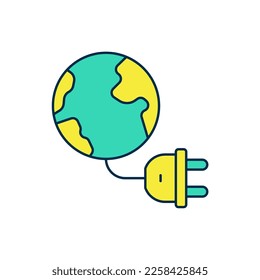 Filled outline Global energy power planet with plug icon isolated on white background. Ecology concept and environmental.  Vector