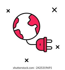 Filled outline Global energy power planet with plug icon isolated on white background. Ecology concept and environmental.  Vector