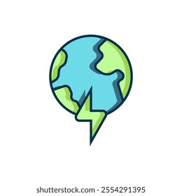 Filled outline Global energy power planet with flash thunderbolt icon isolated on white background. Ecology concept and environmental. Flat filled outline style with shadow. Vector