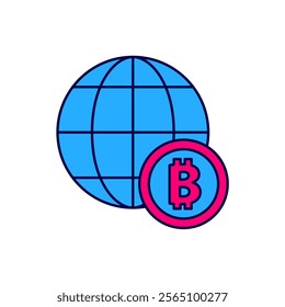 Filled outline Globe and cryptocurrency coin Bitcoin icon isolated on white background. Physical bit coin. Blockchain based secure crypto currency.  Vector