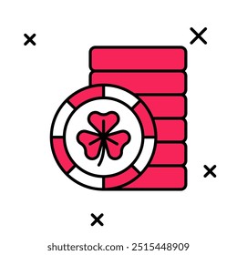 Filled outline Golden leprechaun coin with clover trefoil leaf icon isolated on white background. Happy Saint Patricks day. National Irish holiday.  Vector