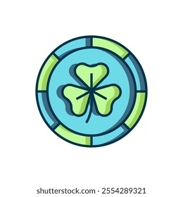 Filled outline Golden leprechaun coin with clover trefoil leaf icon isolated on white background. Happy Saint Patricks day. National Irish holiday. Flat filled outline style with shadow. Vector