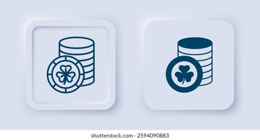 Filled and outline Golden leprechaun coin with clover trefoil leaf icon isolated on grey background. Happy Saint Patricks day. National Irish holiday. Square button. Vector