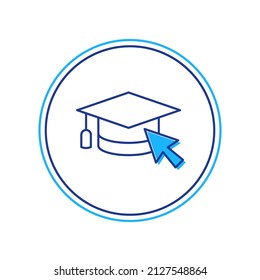 Filled outline Graduation cap with cursor icon isolated on white background. World education symbol. Online learning or e-learning concept.  Vector