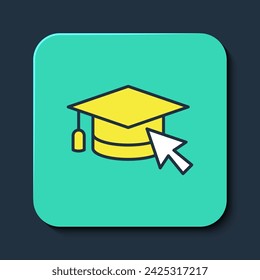 Filled outline Graduation cap with cursor icon isolated on blue background. World education symbol. Online learning or e-learning concept. Turquoise square button. Vector