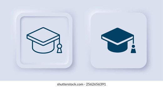 Filled and outline Graduation cap icon isolated on grey background. Graduation hat with tassel icon. Square button. Vector