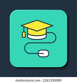 Borde relleno Tapa de graduación con icono del ratón aislado en fondo azul. Símbolo mundial de la educación. Aprendizaje en línea o concepto de e-learning. Botón cuadrado turquesa. Vector