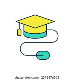 Filled outline Graduation cap with mouse icon isolated on white background. World education symbol. Online learning or e-learning concept.  Vector