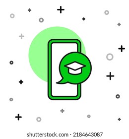 Filled outline Graduation cap on screen smartphone icon isolated on white background. Online learning or e-learning concept.  Vector