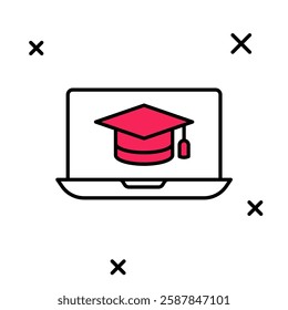 Filled outline Graduation cap on screen laptop icon isolated on white background. Online learning or e-learning concept.  Vector