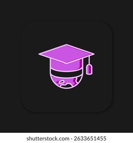 Tapa de graduación en el icono del globo aislado en el fondo negro. Símbolo de la educación mundial. Aprendizaje en línea o concepto de e-learning. Estilo de contorno relleno plano con sombra. Vector