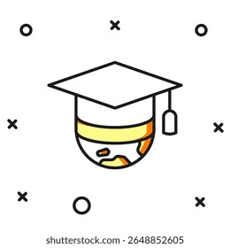 Contorno preenchido Cap de graduação no ícone do globo isolado no fundo branco. Símbolo da educação mundial. Conceito de aprendizagem online ou e-learning. Estilo de contorno preenchido plano com sombra. Vetor